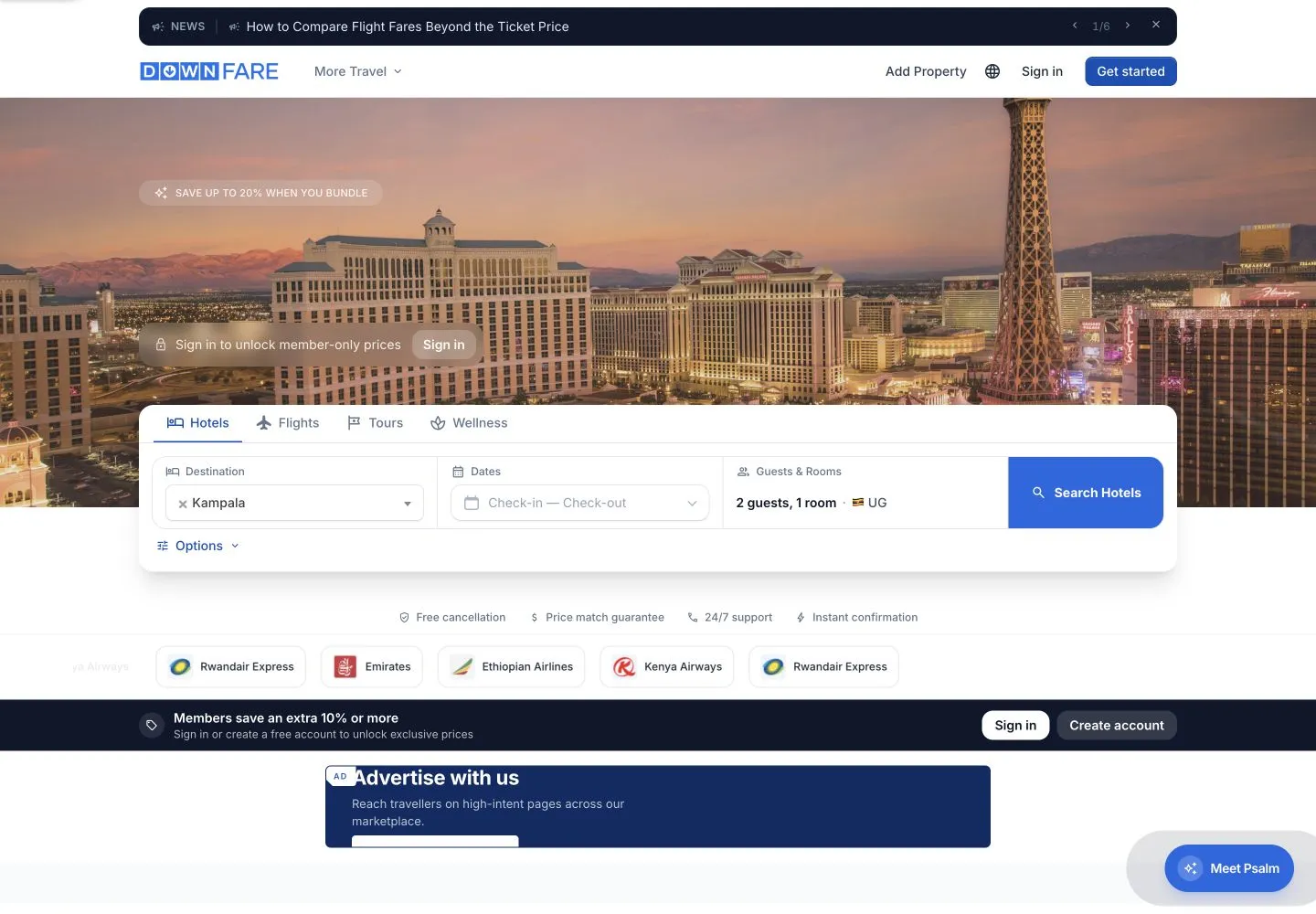 Downfare travel platform with hotel search and booking navigation