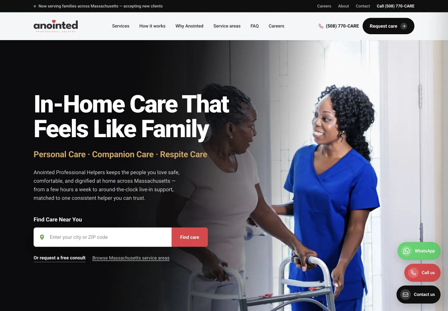 Anointed Professional Helpers website with service information and a care enquiry journey