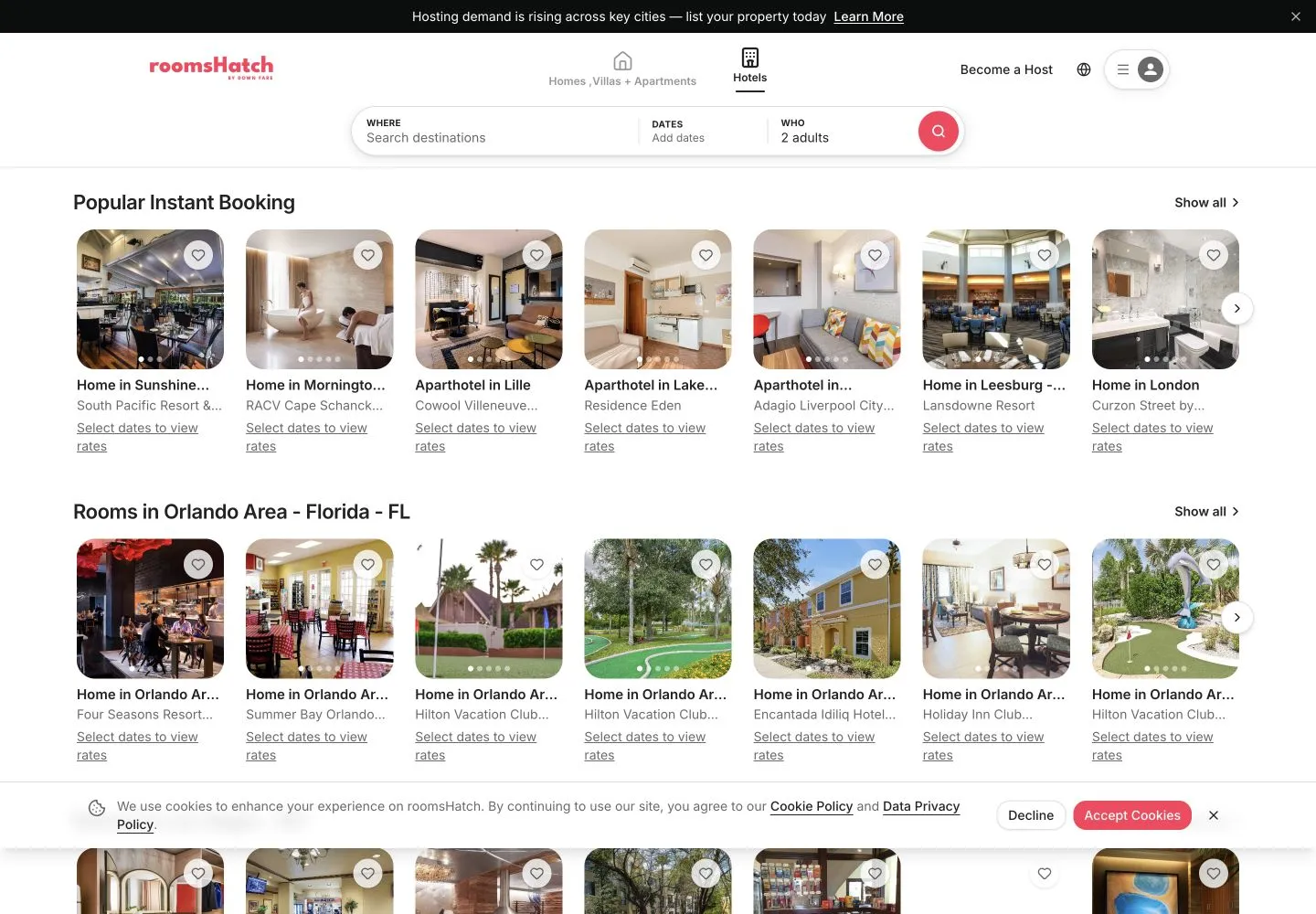 roomsHatch marketplace showing property discovery and destination search