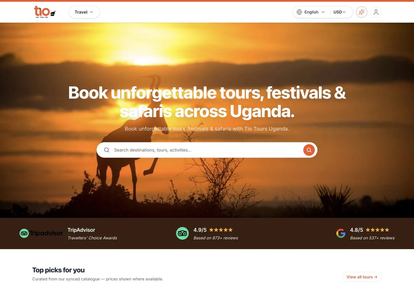 TioTours website preview with tour and destination search