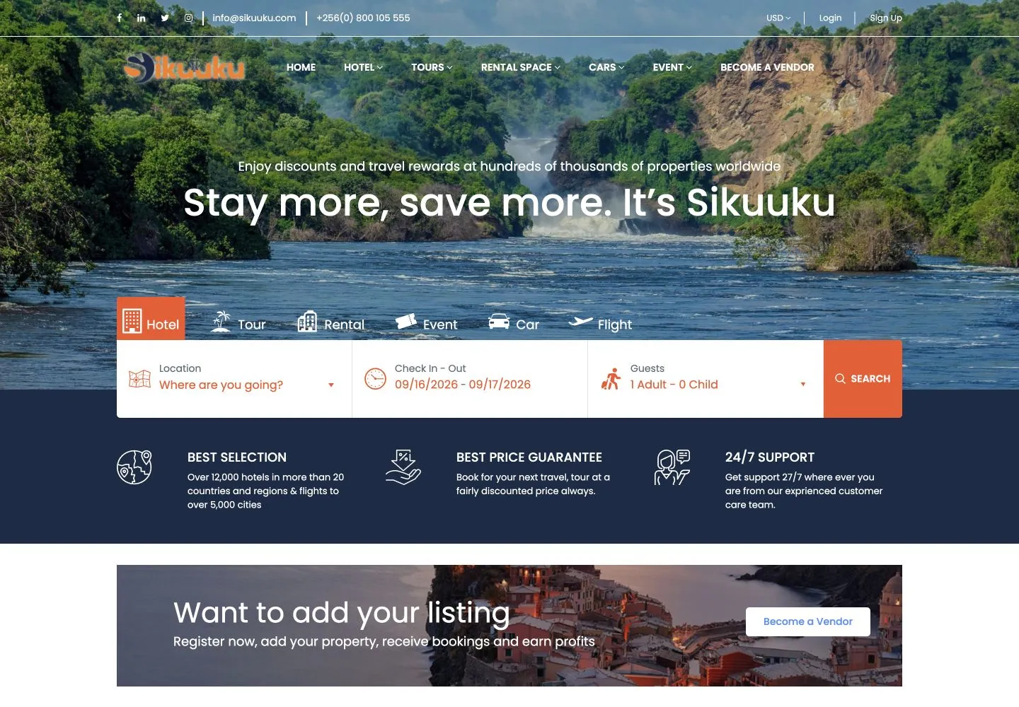 Sikuuku travel marketplace with accommodation, tour and car-rental navigation